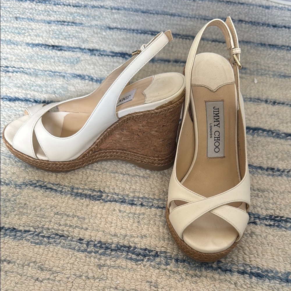 Jimmy Choo White Wedge Shoes with Crisscross Straps